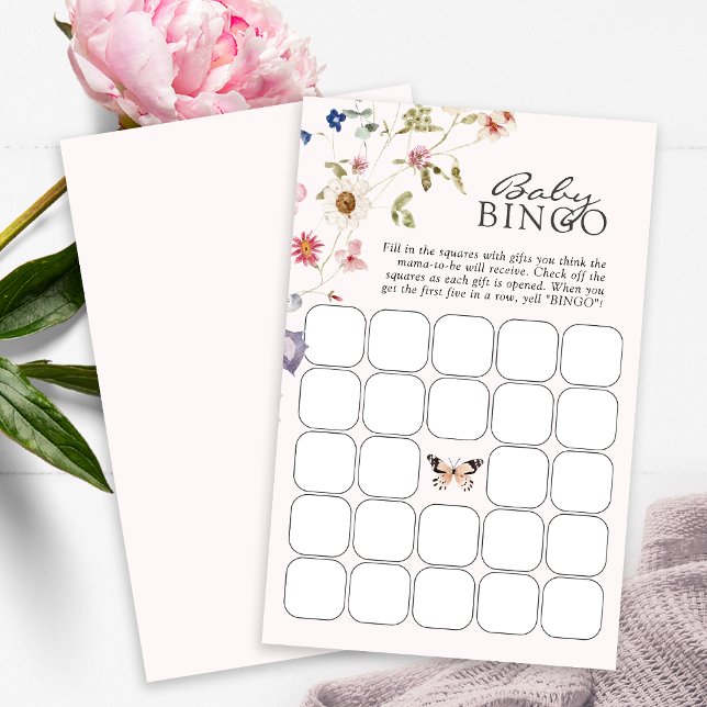 Baby shower Bingo spel (Pink Wildflower Tea Party Baby Shower Bingo Game Card Butterfly by Painted Paperie
)