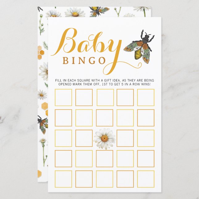 Baby shower Bingo spel | Bumblebee Honey Bee Theme (Voorkant / Achterkant)