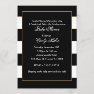 Baby shower Black White Gold Stripes Invitation