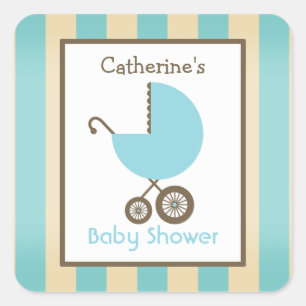 Baby shower Blauw Carriage & Stripes Vierkante Sticker