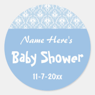 Baby shower Blauw en Wit Damaskpatroon, Douanepatr Ronde Sticker