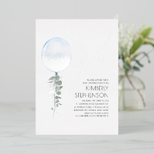 Baby shower blauw en zilver groen folie uitnodiging (Staand Voorkant)