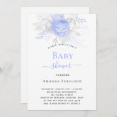 Baby shower blauw zilver wit bloemen jongen kaart (Voorkant / Achterkant)