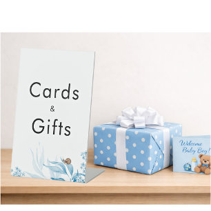Baby Shower Blauwe Bloemkaart & Cadeaus Reclamebord Met Voetstuk