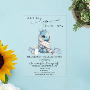 Baby Shower Blauwe Draak Aquarel Acryl Uitnodigingen