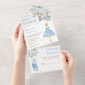 Baby shower Blauwe en goudbloem Ballerina All In One Uitnodiging (Afscheurbaar)
