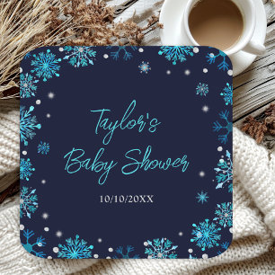 Baby shower Blauwe en Zilveren Snowflakes Vierkante Kartonnen Onderzetter