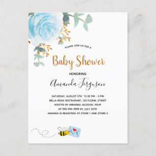 Baby shower blauwe hommel florale grienerboy uitnodiging briefkaart