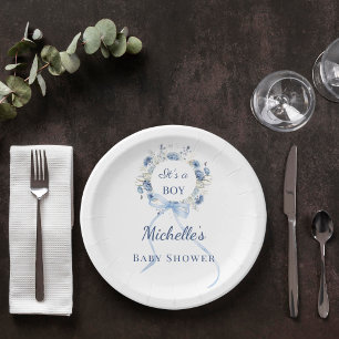 Baby Shower blauwe jongens bloemenkrans  Papieren Bordje