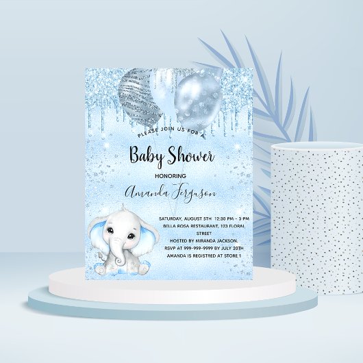 Baby shower blauwe olifant flyer
