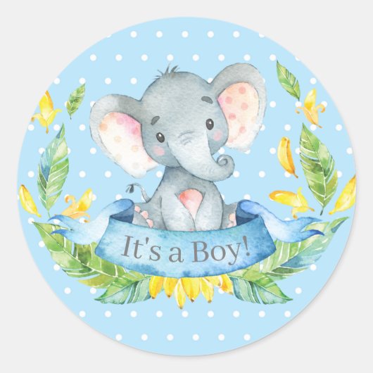 Baby Shower Blauwe Olifant Jongen Ronde Sticker (Voorkant)