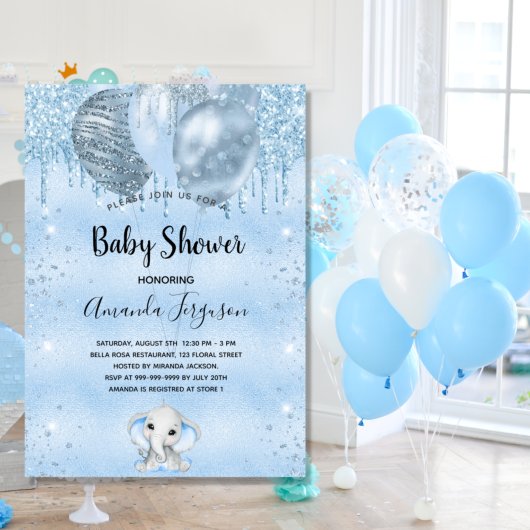 Baby shower blauwe olifantenballonnen kaart