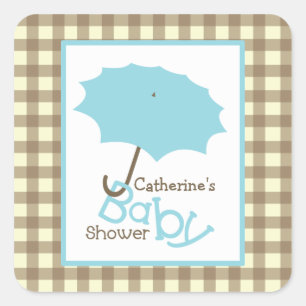 Baby shower Blauwe Paraplu & Bruine Gingham Vierkante Sticker