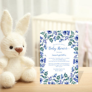 Baby shower Blauwe Waterverf Bloemen Kaart