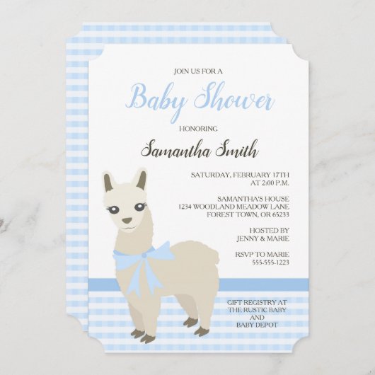 Baby shower bleu Alpaca Invitation (Devant / Derrière)