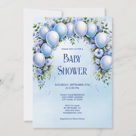 Baby shower Bleu Ballons Invitation (Devant)