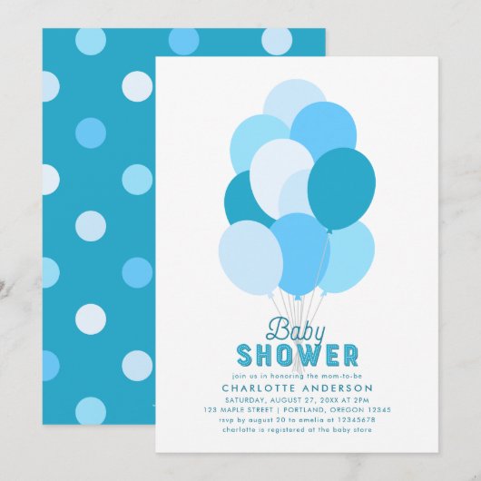 Baby shower Bleu Ballons Invitation (Devant / Derrière)