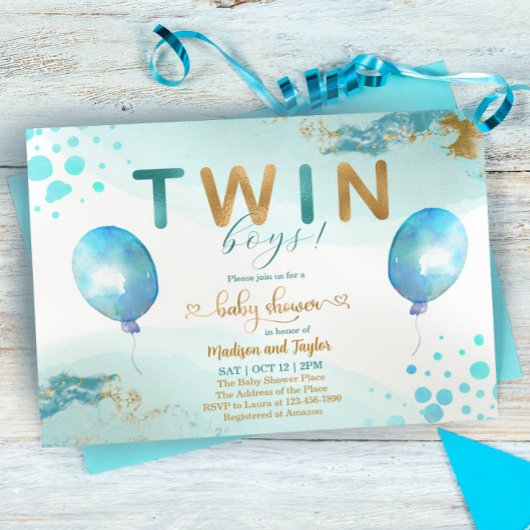 Baby shower Bleu Balloon Or Twin Boy Invitation