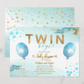 Baby shower Bleu Balloon Or Twin Boy Invitation (Devant / Derrière)