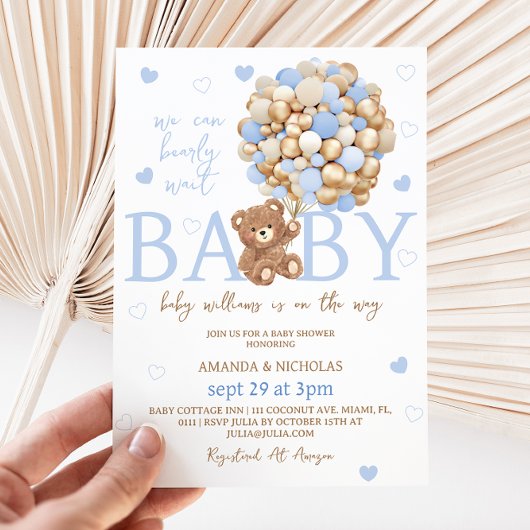 Baby shower Bleu Bear Balloon Invitation