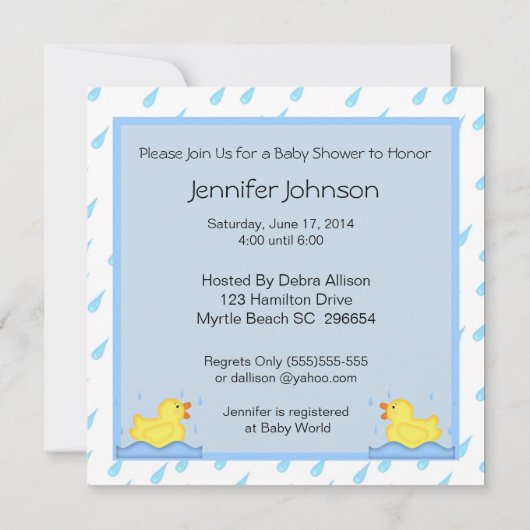 Baby shower bleu canard en caoutchouc Invitation (Dos)