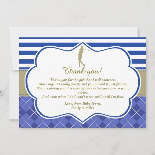 Baby shower bleu de carte de remerciements d'or de (Devant)