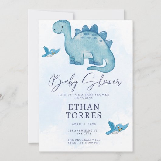 baby shower bleu élégant invitation dinosaure mign (Devant)