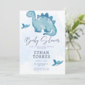 baby shower bleu élégant invitation dinosaure mign (Debout devant)
