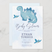 baby shower bleu élégant invitation dinosaure mign (Devant / Derrière)