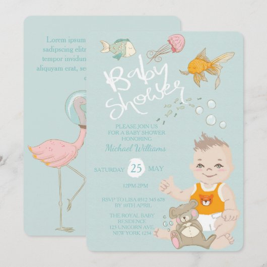 Baby shower Bleu Invitation de mermaid Ocean Boy (Devant / Derrière)