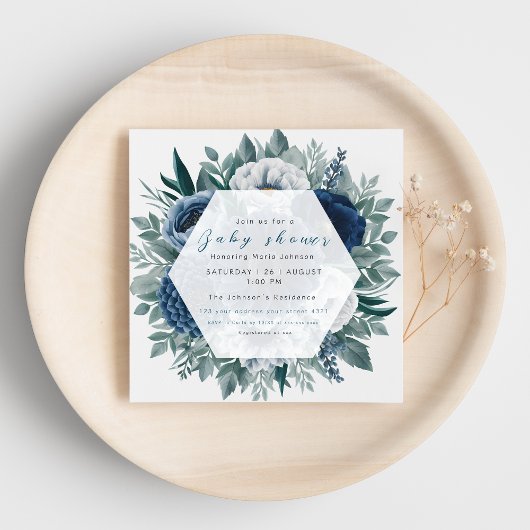 Baby shower bleu marine floral vert invitation