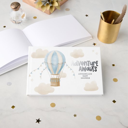 Baby shower bleu montgolfière aventure (Recto ouvert)