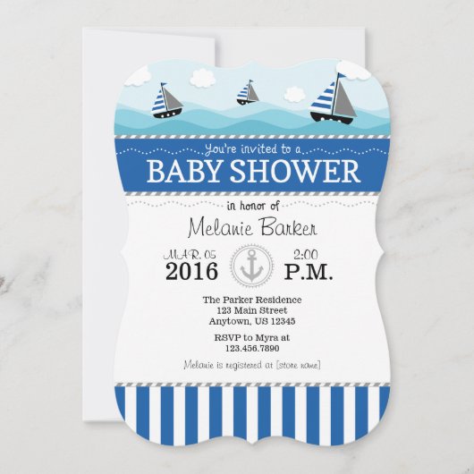 Baby shower bleu nautique Invitation (Devant)