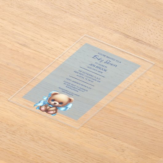 Baby shower bleu ours Teddy Acrylique Invitation (Poser)