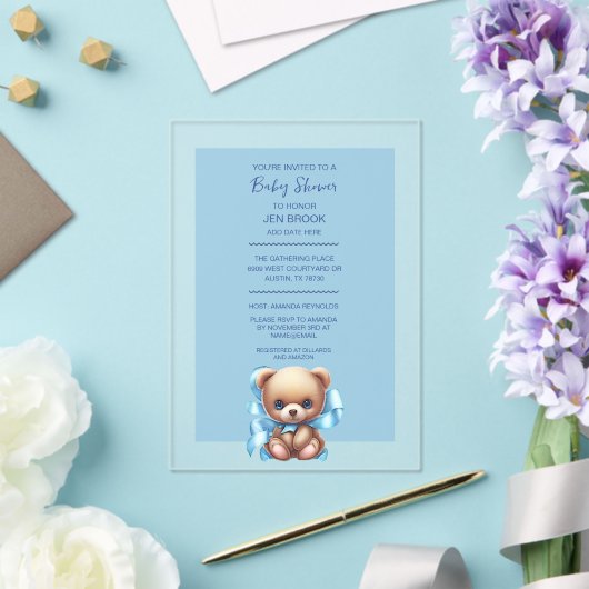 Baby shower bleu ours Teddy Acrylique Invitation (Insitu (Mariage))