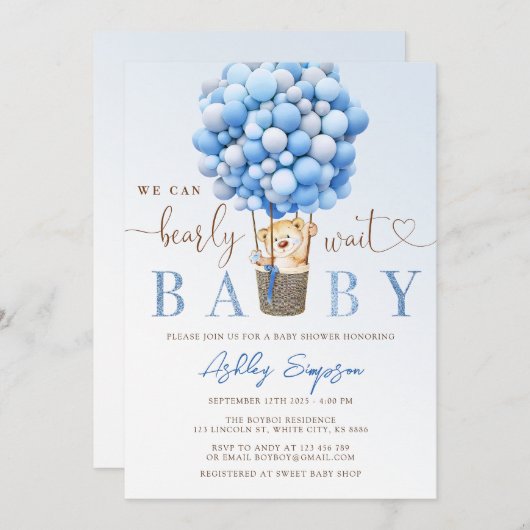 Baby shower Bleu Ours Teddy Invitation (Devant / Derrière)