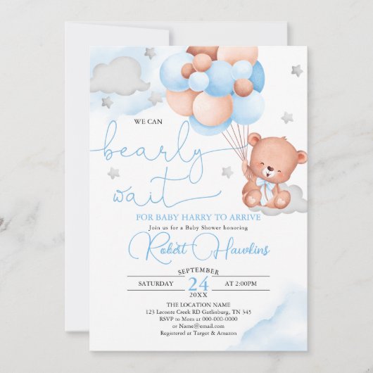 Baby shower Bleu Ours Teddy Invitation (Devant)