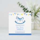 Baby shower bleu rocking cheval carré invitations (Debout devant)
