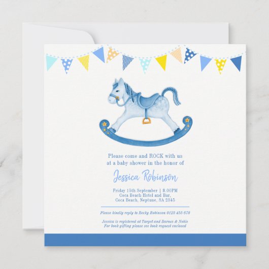 Baby shower bleu rocking cheval carré invitations (Devant)