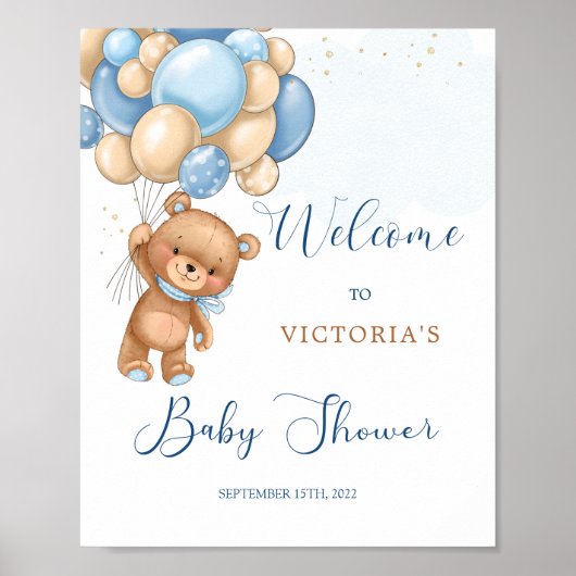 Baby shower bleu Teddy Bear Affiche de bienvenue (Devant)