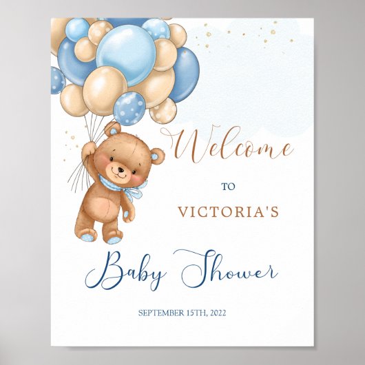 Baby shower bleu Teddy Bear Affiche de bienvenue (Devant)