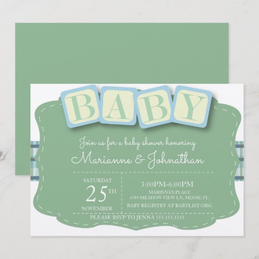 Baby shower Blocks Boy Plaid Invitation (Devant / Derrière)