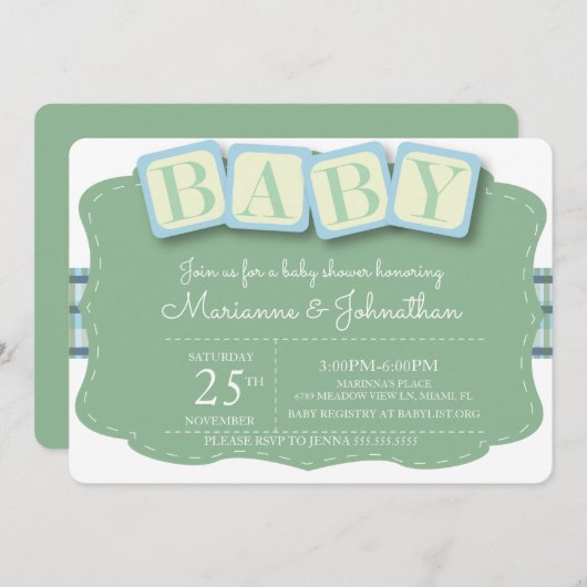 Baby shower Blocks Boy Plaid Invitation (Devant / Derrière)