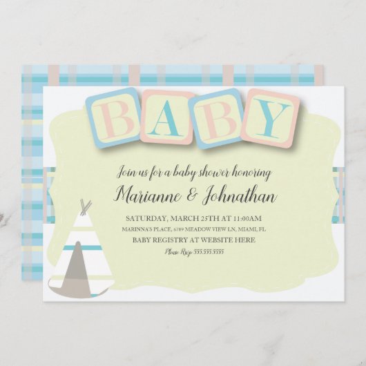 Baby shower Blocs Boho Tribal Plaid Invitation (Devant / Derrière)