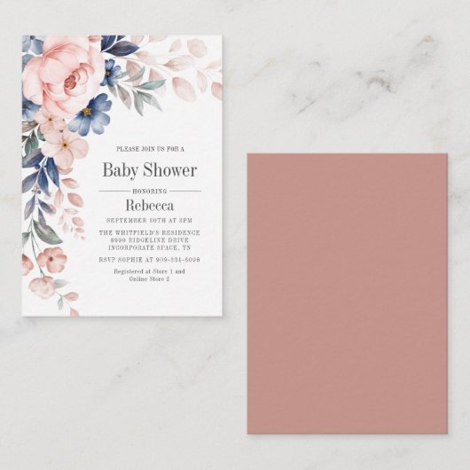 Baby shower Bloom Blue Pink Floral Notitiekaartje (Voorkant / Achterkant)
