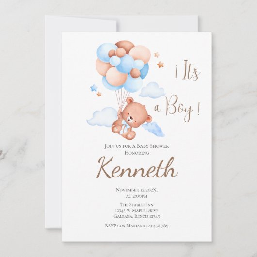 Baby shower Blue Bear Invitation garçon (Devant)