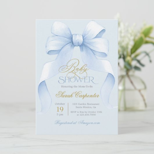 Baby shower Blue Bow Invitation garçon (Debout devant)