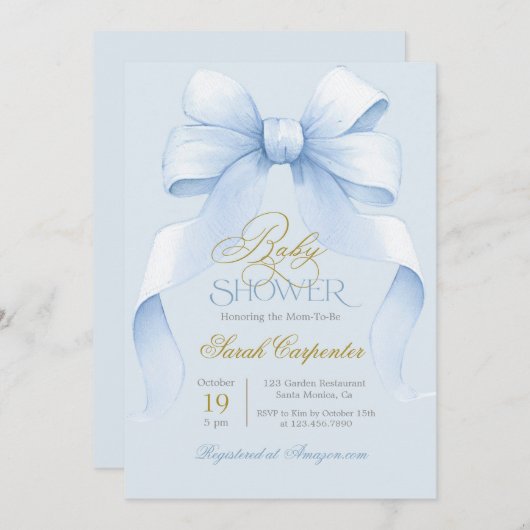 Baby shower Blue Bow Invitation garçon (Devant / Derrière)