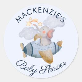 Baby shower Blue Boy's Elephant Plane Classic Rou Ronde Sticker