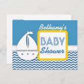 BABY SHOWER Blue Chevrons en zeilboot voor Boy A01 Aankondigingskaart (Voorkant / Achterkant)